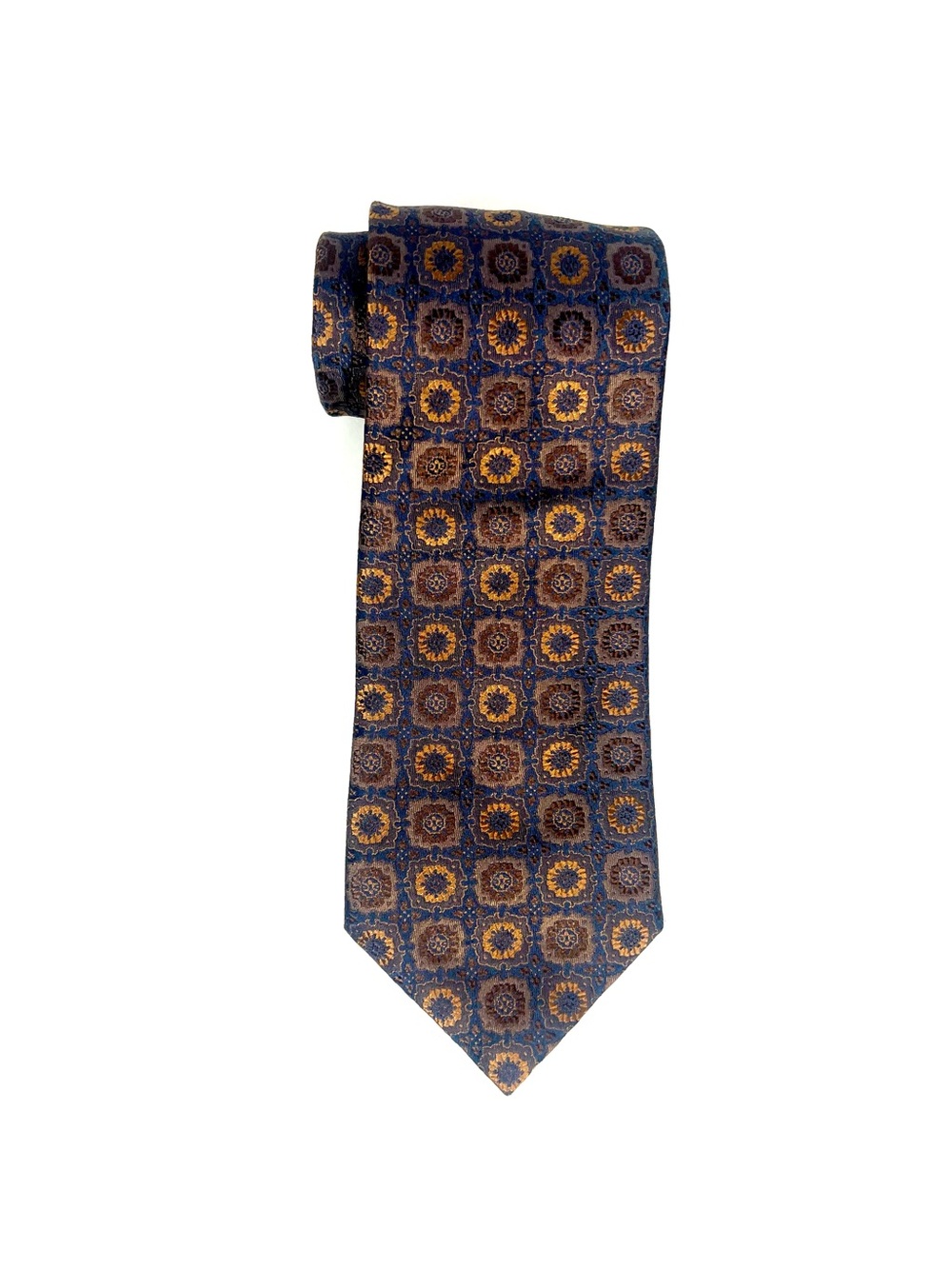 Canali Navy and Bronze Medallion Geometric Pattern Silk Neck Tie